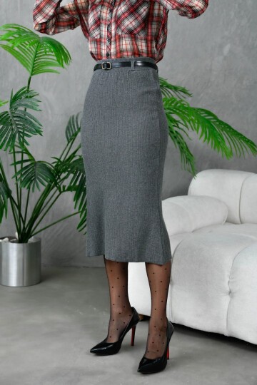 Kadın Bel Lastikli Yırtamaç Detay Uzun Triko Etek