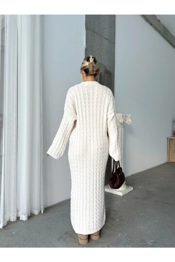 Kadın Beyaz Bisiklet Yaka Saç Örgülü Kadın Triko Midi Elbise