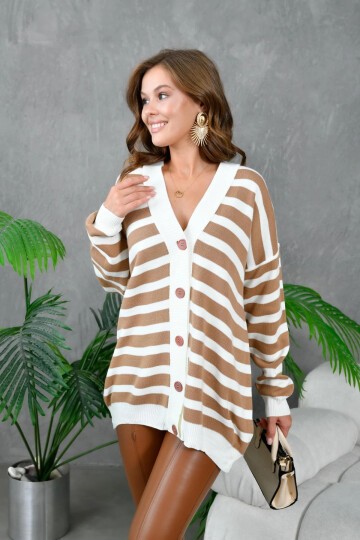 Kadın Bilek Etek Ve Banları Fitilli Çizgi desenli Triko Hırka