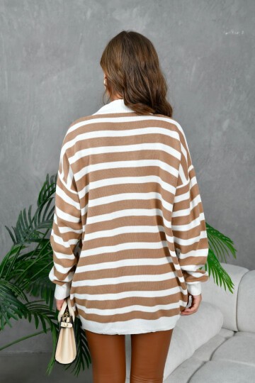 Kadın Bilek Etek Ve Banları Fitilli Çizgi desenli Triko Hırka