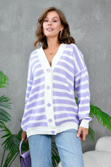 Kadın Bilek Etek Ve Banları Fitilli Çizgi desenli Triko Hırka