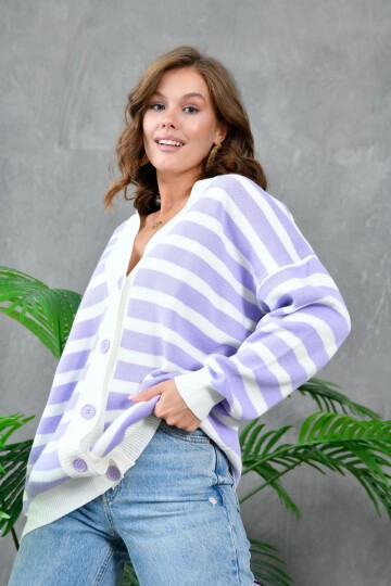 Kadın Bilek Etek Ve Banları Fitilli Çizgi desenli Triko Hırka