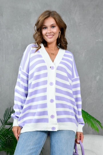 Kadın Bilek Etek Ve Banları Fitilli Çizgi desenli Triko Hırka