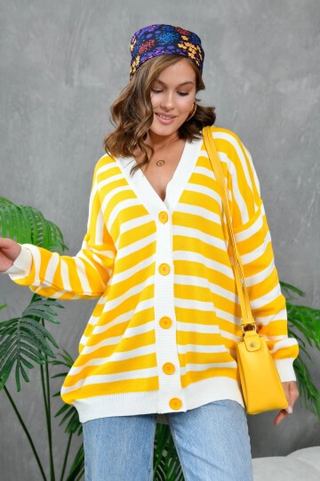 Kadın Bilek Etek Ve Banları Fitilli Çizgi desenli Triko Hırka