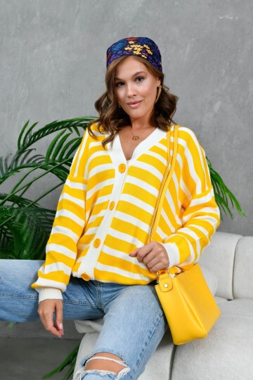 Kadın Bilek Etek Ve Banları Fitilli Çizgi desenli Triko Hırka