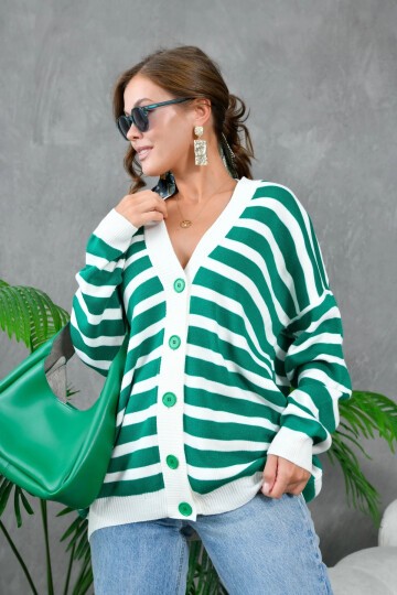 Kadın Bilek Etek Ve Banları Fitilli Çizgi desenli Triko Hırka