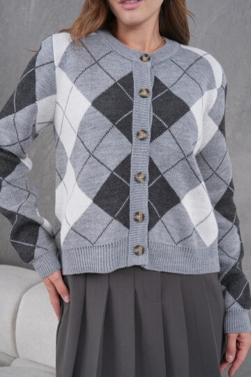 Kadın Bisiklet Yaka Baklava Desenli Düğme Kapama Triko Hırka Ceket