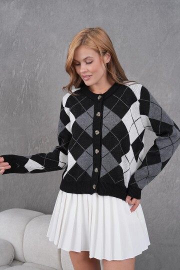 Kadın Bisiklet Yaka Baklava Desenli Düğme Kapama Triko Hırka Ceket