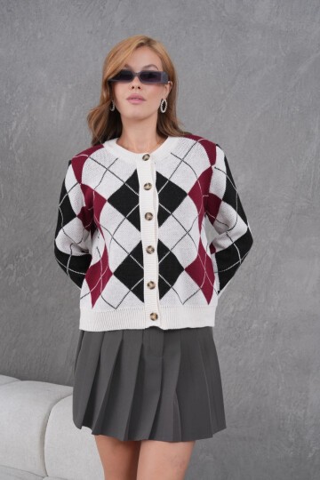 Kadın Bisiklet Yaka Baklava Desenli Düğme Kapama Triko Hırka Ceket