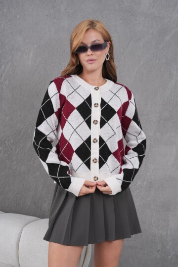 Kadın Bisiklet Yaka Baklava Desenli Düğme Kapama Triko Hırka Ceket