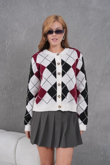 Kadın Bisiklet Yaka Baklava Desenli Düğme Kapama Triko Hırka Ceket