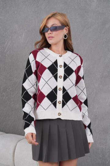 Kadın Bisiklet Yaka Baklava Desenli Düğme Kapama Triko Hırka Ceket