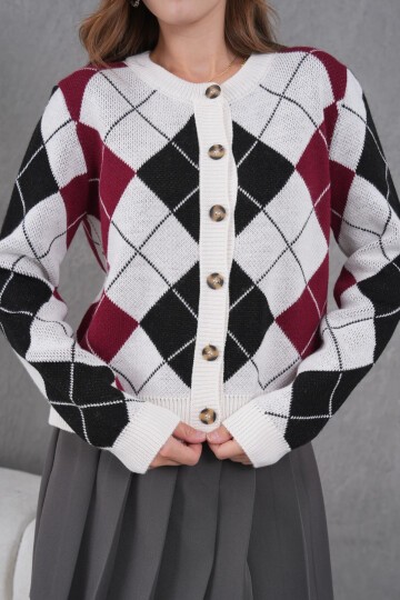 Kadın Bisiklet Yaka Baklava Desenli Düğme Kapama Triko Hırka Ceket