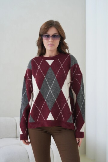 Kadın Bisiklet Yaka Baklava Desenli Triko Kazak