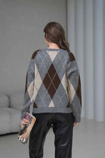 Kadın Bisiklet Yaka Baklava Desenli Triko Kazak