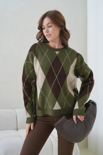 Kadın Bisiklet Yaka Baklava Desenli Triko Kazak