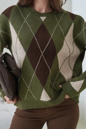 Kadın Bisiklet Yaka Baklava Desenli Triko Kazak