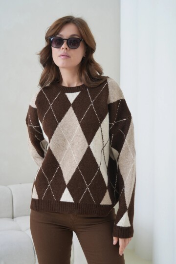 Kadın Bisiklet Yaka Baklava Desenli Triko Kazak