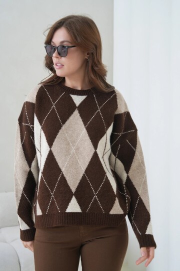 Kadın Bisiklet Yaka Baklava Desenli Triko Kazak