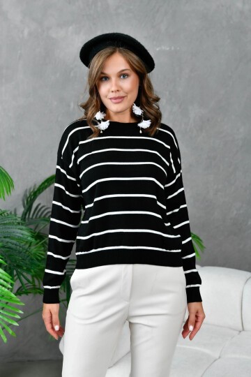 Kadın Bisiklet Yaka Çizgili Triko Kazak