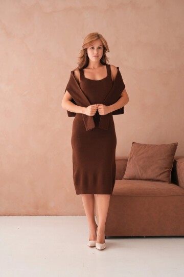 Kadın Bisiklet Yaka Düğme Detay Dokulu Ceket Elbise İkili Triko Takım