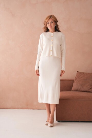 Kadın Bisiklet Yaka Düğme Detay Dokulu Ceket Elbise İkili Triko Takım