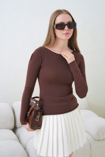 Kadın Bisiklet Yaka Uzun Kollu Basic Bluz Kahve