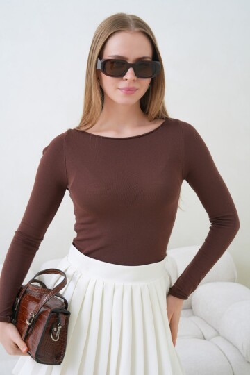 Kadın Bisiklet Yaka Uzun Kollu Basic Bluz Kahve