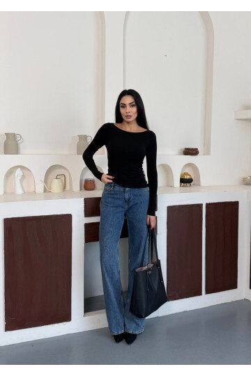 Kadın Bisiklet Yaka Uzun Kollu Basic Bluz Siyah