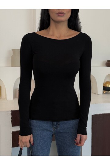 Kadın Bisiklet Yaka Uzun Kollu Basic Bluz Siyah