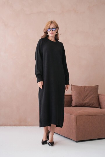 Kadın Bisiklet Yaka Yumuşak Dokulu Maksi Boy Şardonlu Oversize Triko Elbise