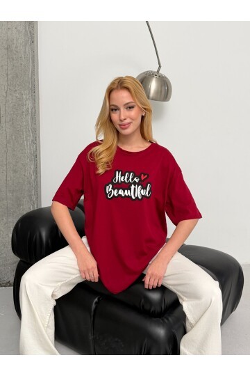 Kadın Bordo Baskılı Oversize T-Shirt