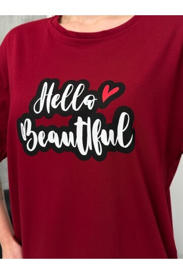 Kadın Bordo Baskılı Oversize T-Shirt