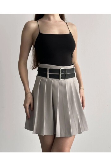Kadın Çift Kemerli Şortlu Pileli Etek Krem
