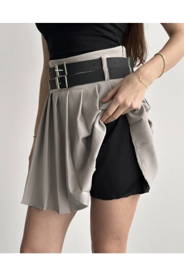Kadın Çift Kemerli Şortlu Pileli Etek Krem