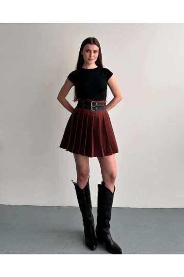 Kadın Çift Kemerli Şortlu Pileli Etek Kahve