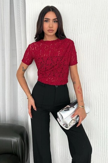 Kadın Dantel Kısa Kollu Bluz Bordo