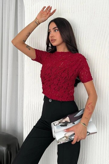 Kadın Dantel Kısa Kollu Bluz Bordo