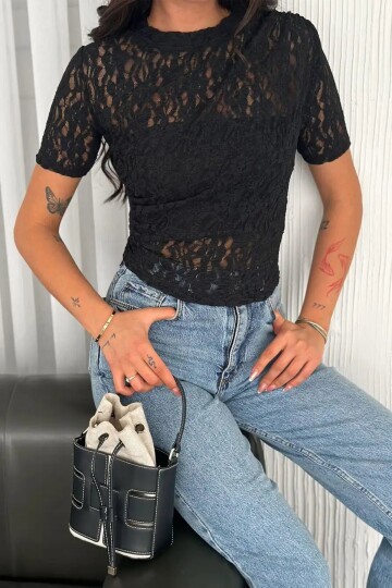 Kadın Dantel Kısa Kollu Bluz Siyah