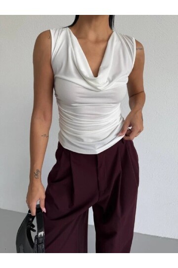 Kadın Degaje Yaka Kolsuz Bluz Beyaz