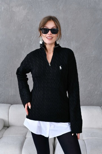 Kadın Dik Yaka Fermuar Detay Saç Örgü Triko Kazak
