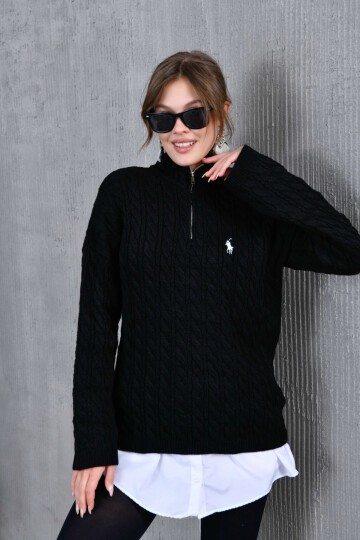 Kadın Dik Yaka Fermuar Detay Saç Örgü Triko Kazak