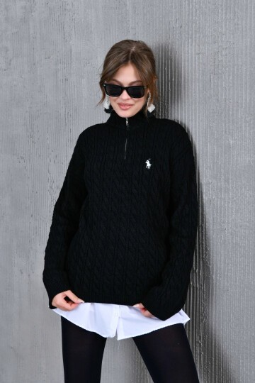 Kadın Dik Yaka Fermuar Detay Saç Örgü Triko Kazak