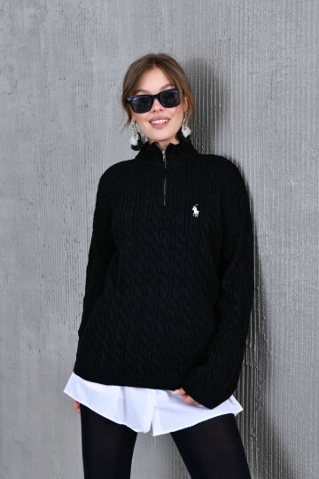 Kadın Dik Yaka Fermuar Detay Saç Örgü Triko Kazak