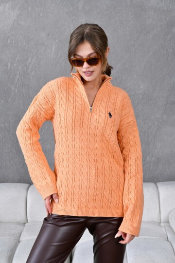 Kadın Dik Yaka Fermuar Detay Saç Örgü Triko Kazak