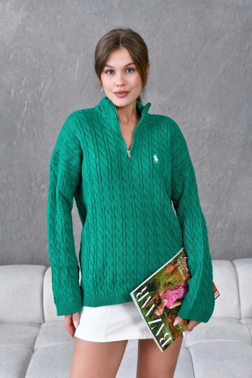 Kadın Dik Yaka Fermuar Detay Saç Örgü Triko Kazak