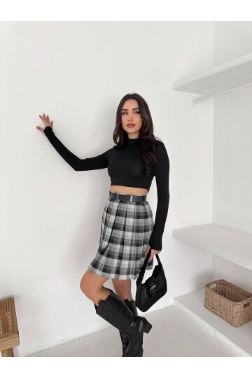 Kadın Ekose Desen Kemerli Yüksel Bel Şort Astarlı Mini Etek