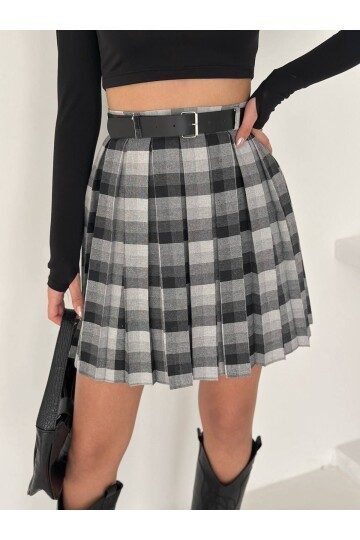 Kadın Ekose Desen Kemerli Yüksel Bel Şort Astarlı Mini Etek