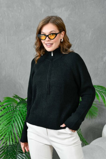 Kadın Fermuarlı Yaka Selanik Örgü Triko Kazak