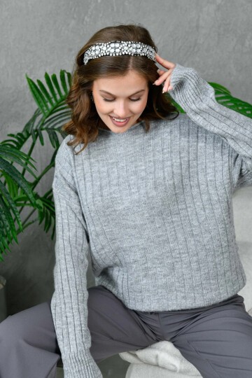 Kadın Geniş Yaka Fitilli Uzun Triko Kazak